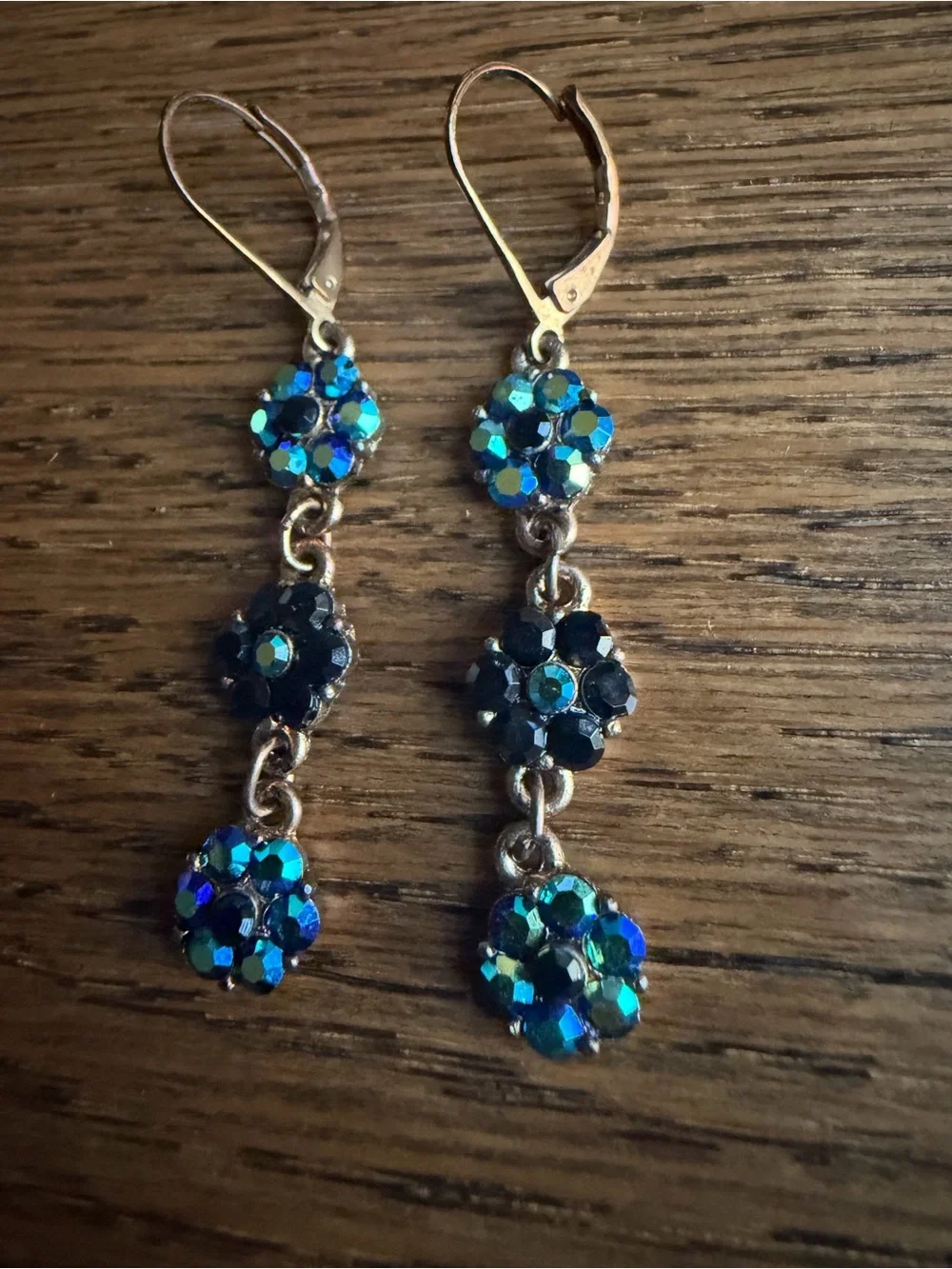 Vintage Iridescent Blue Aurora Borealis & Jet Black Crystal Flower Drop Earrings